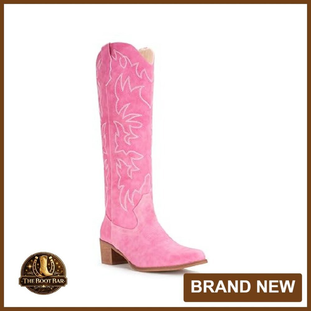 Knee High Western Boots Snip Toe Side Zipper Chunky Heel - Picture 5 of 8